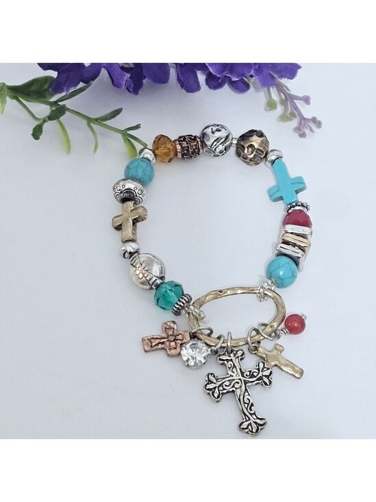 handmade Jewelry - Western Boho Style Turquoise Cross Stretch Bracelet